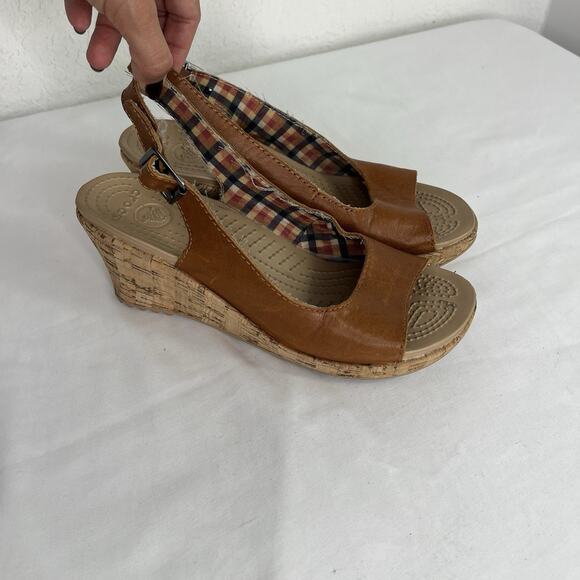 Crocs A-Leigh Wedge Sandals Brown Leather Size W9, comfy, summer, spring, soft - Picture 1 of 8